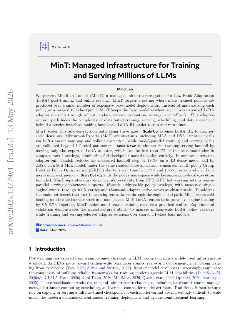 MinT: Managed Infrastructure for Training and Serving Millions of LLMs