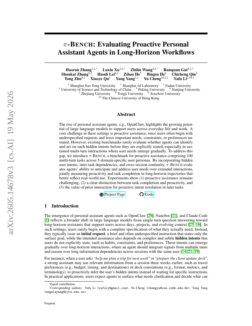 $π$-Bench: Evaluating Proactive Personal Assistant Agents in Long-Horizon Workflows