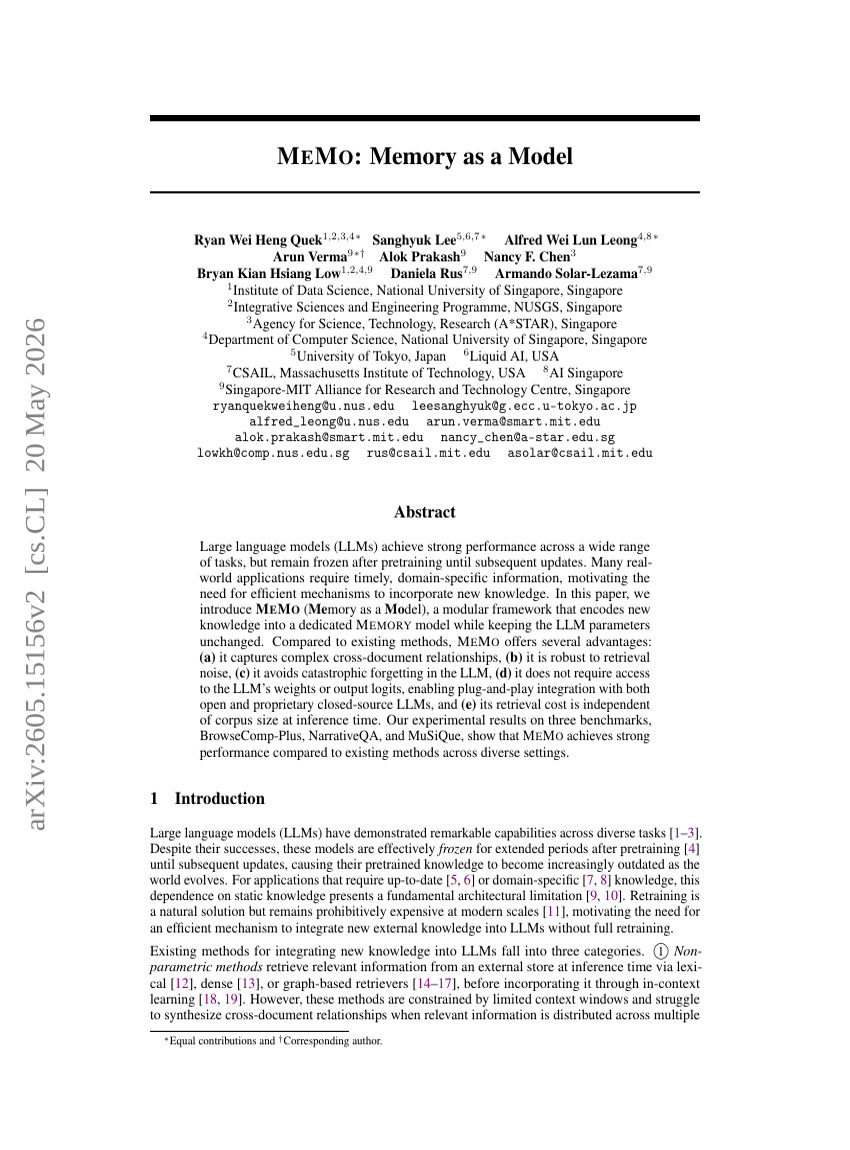 MEMO: Memory as a Model