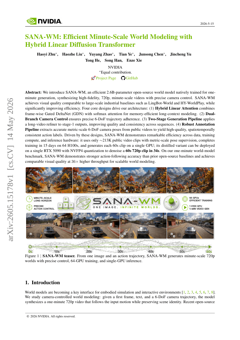 SANA-WM: Efficient Minute-Scale World Modeling with Hybrid Linear Diffusion Transformer