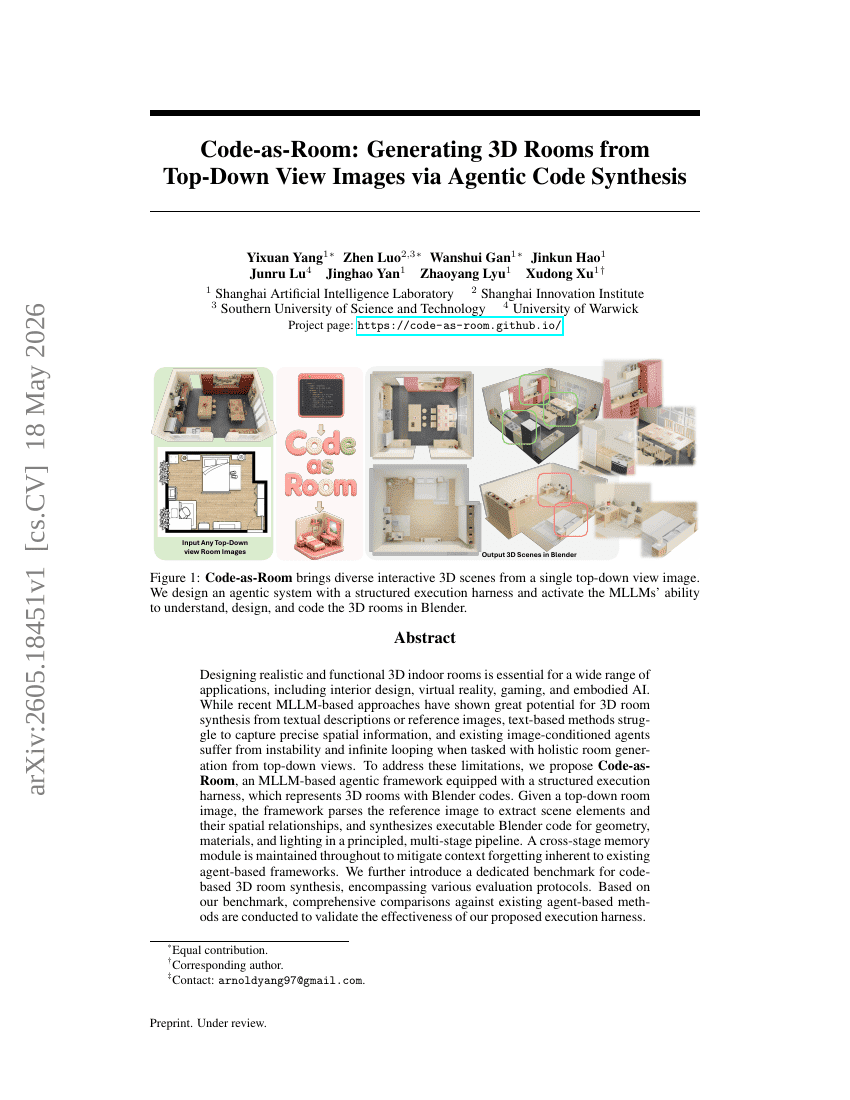 Code-as-Room: Generating 3D Rooms from Top-Down View Images via Agentic Code Synthesis