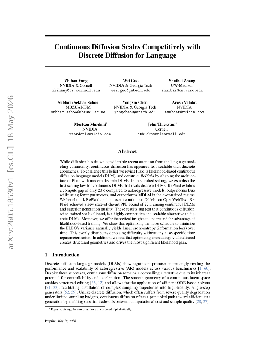 Continuous Diffusion Scales Competitively with Discrete Diffusion for Language