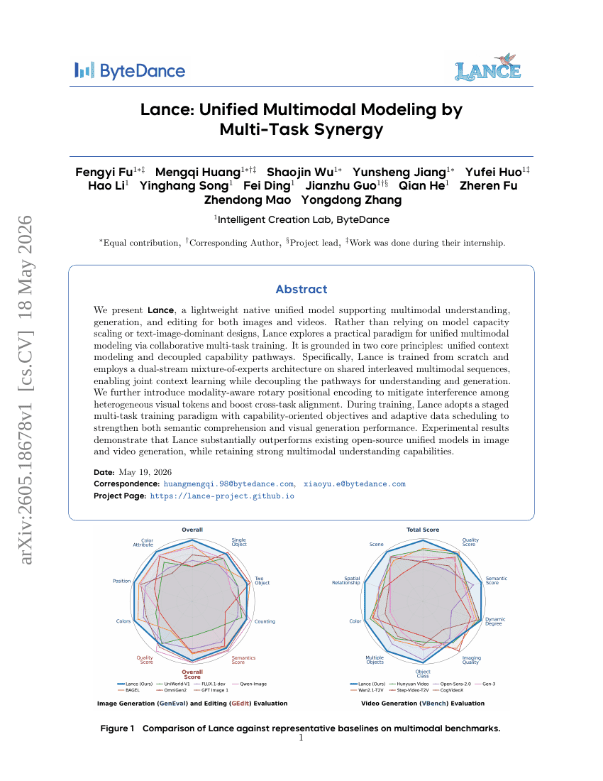 Lance: Unified Multimodal Modeling by Multi-Task Synergy