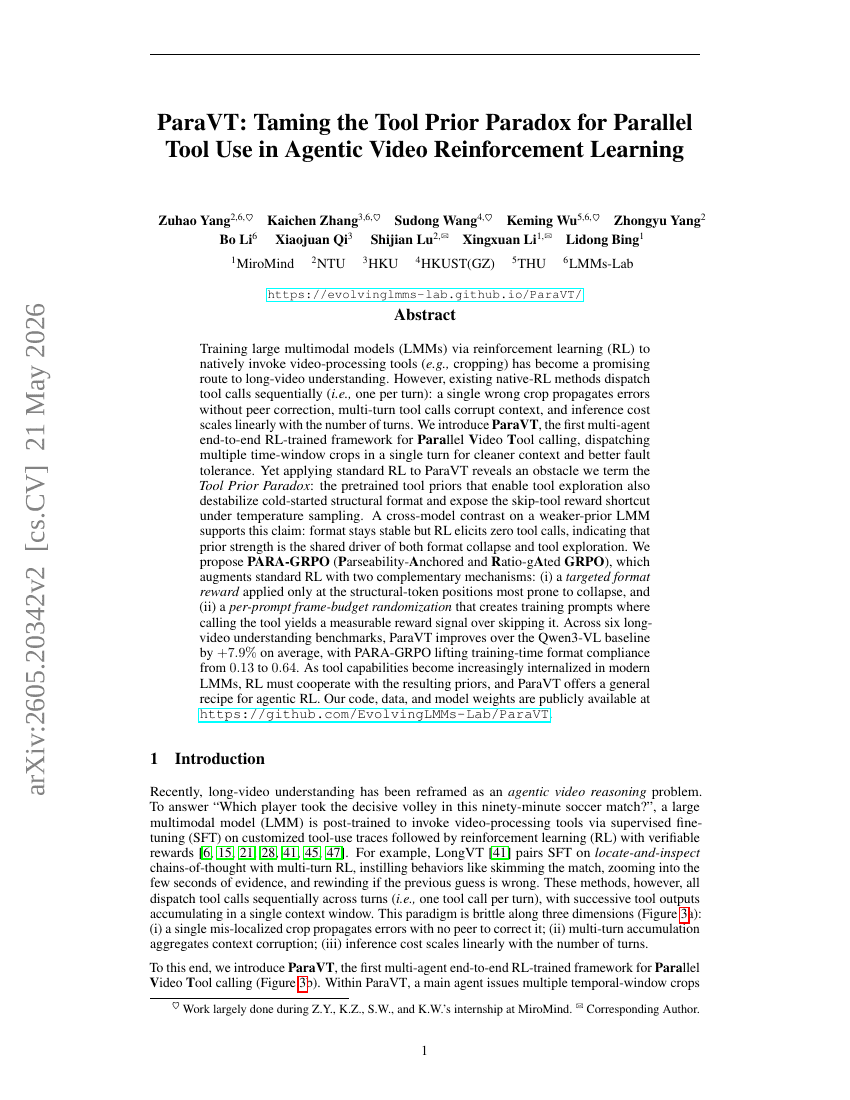 ParaVT: Taming the Tool Prior Paradox for Parallel Tool Use in Agentic Video Reinforcement Learning