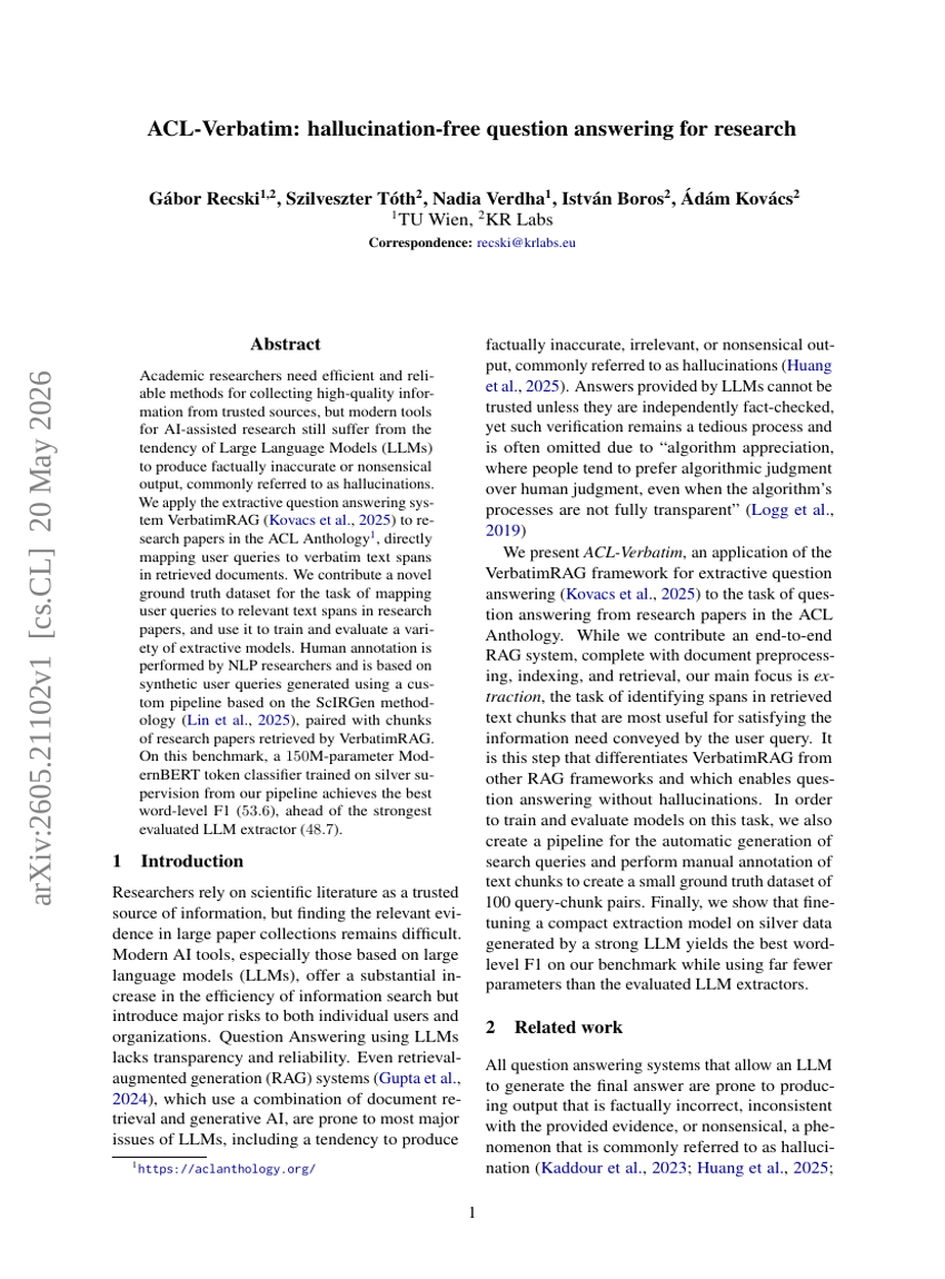 ACL-Verbatim: hallucination-free question answering for research