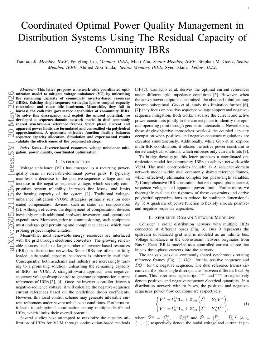 Coordinated Optimal Power Quality Management in Distribution Systems Using The Residual Capacity of Community IBRs