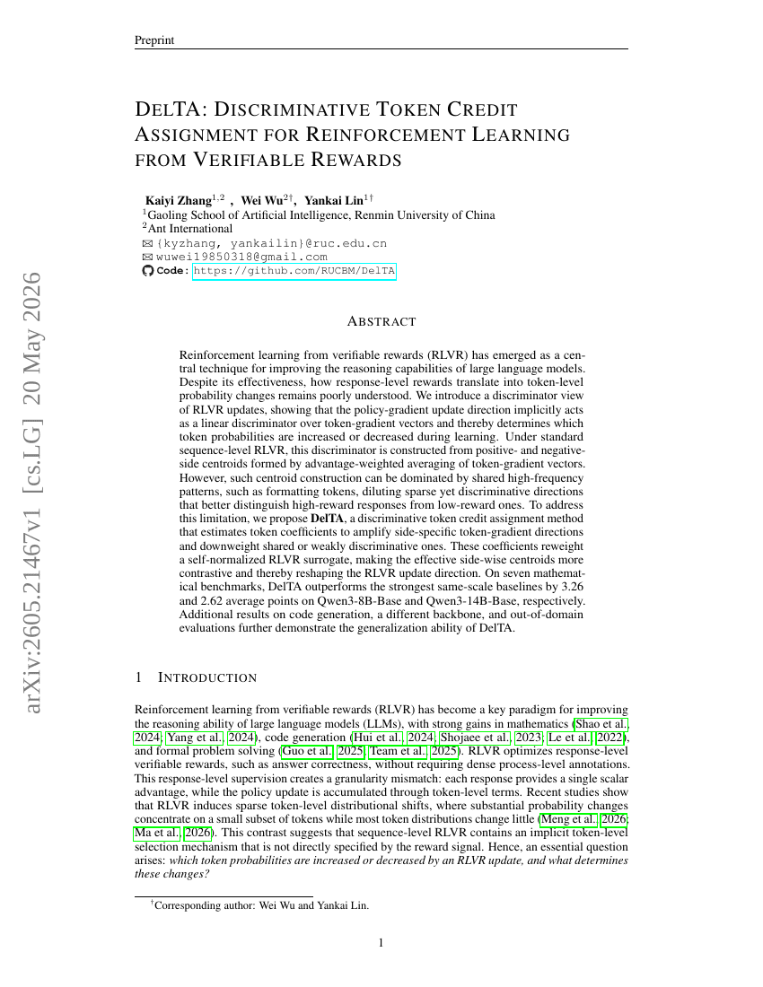 DelTA: Discriminative Token Credit Assignment for Reinforcement Learning from Verifiable Rewards
