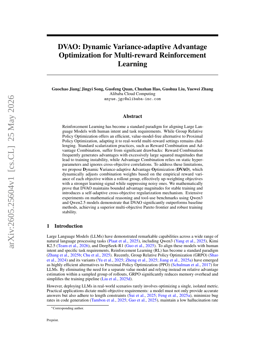 DVAO: Dynamic Variance-adaptive Advantage Optimization for Multi-reward Reinforcement Learning