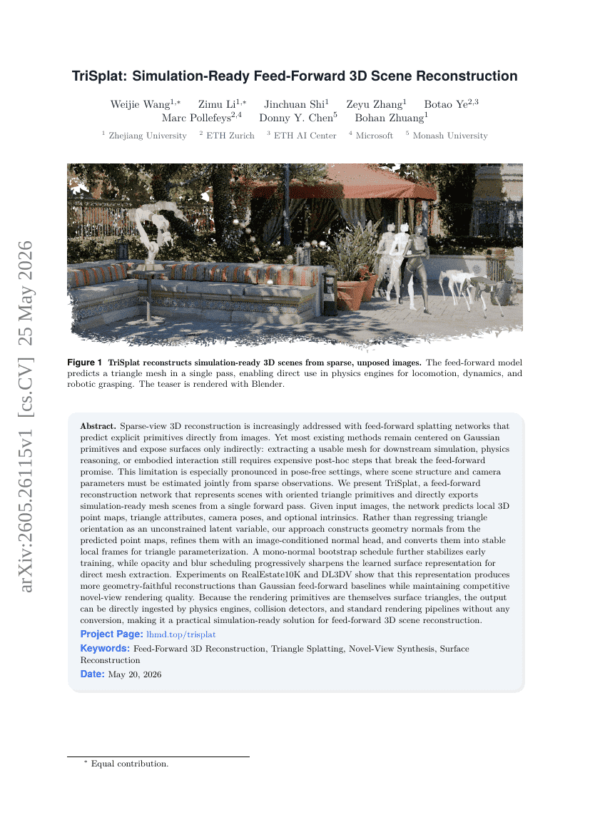 TriSplat: Simulation-Ready Feed-Forward 3D Scene Reconstruction
