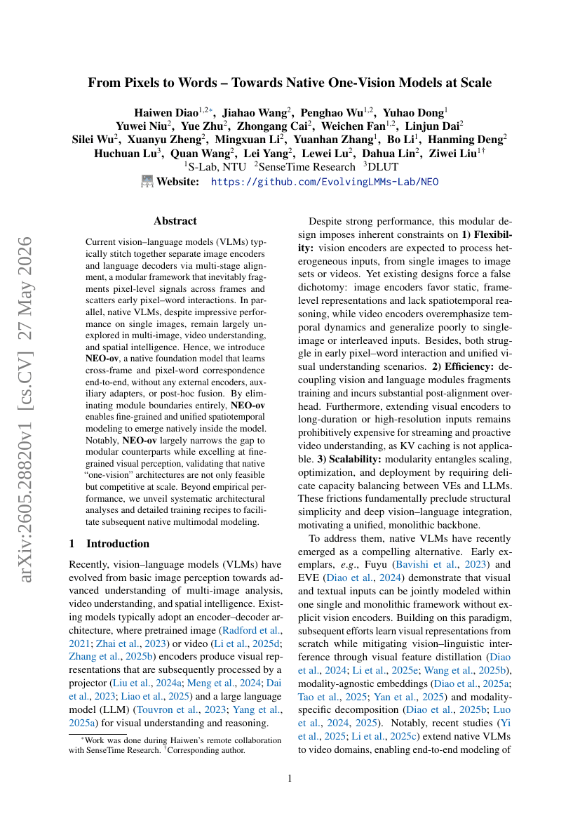 From Pixels to Words -- Towards Native One-Vision Models at Scale