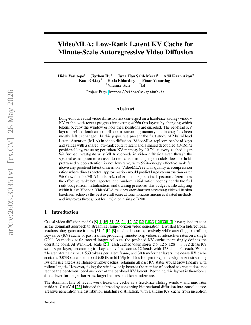 VideoMLA: Low-Rank Latent KV Cache for Minute-Scale Autoregressive Video Diffusion
