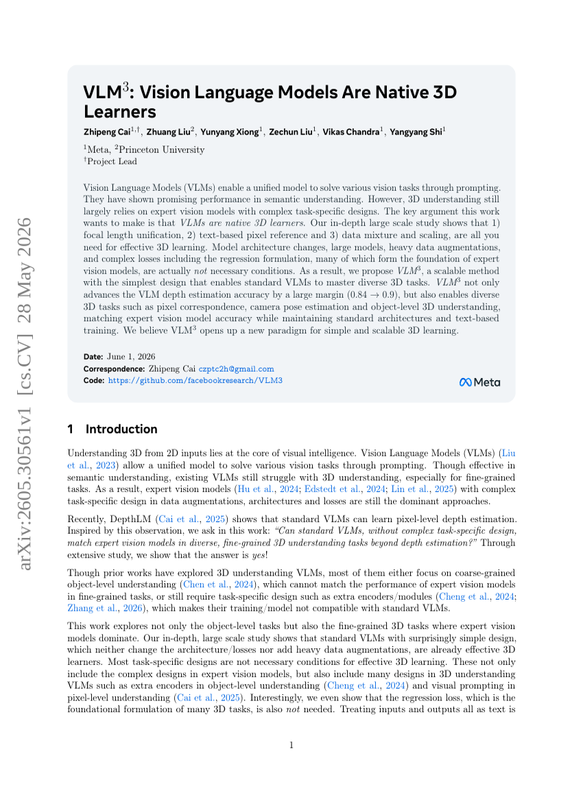 VLM3: Vision Language Models Are Native 3D Learners