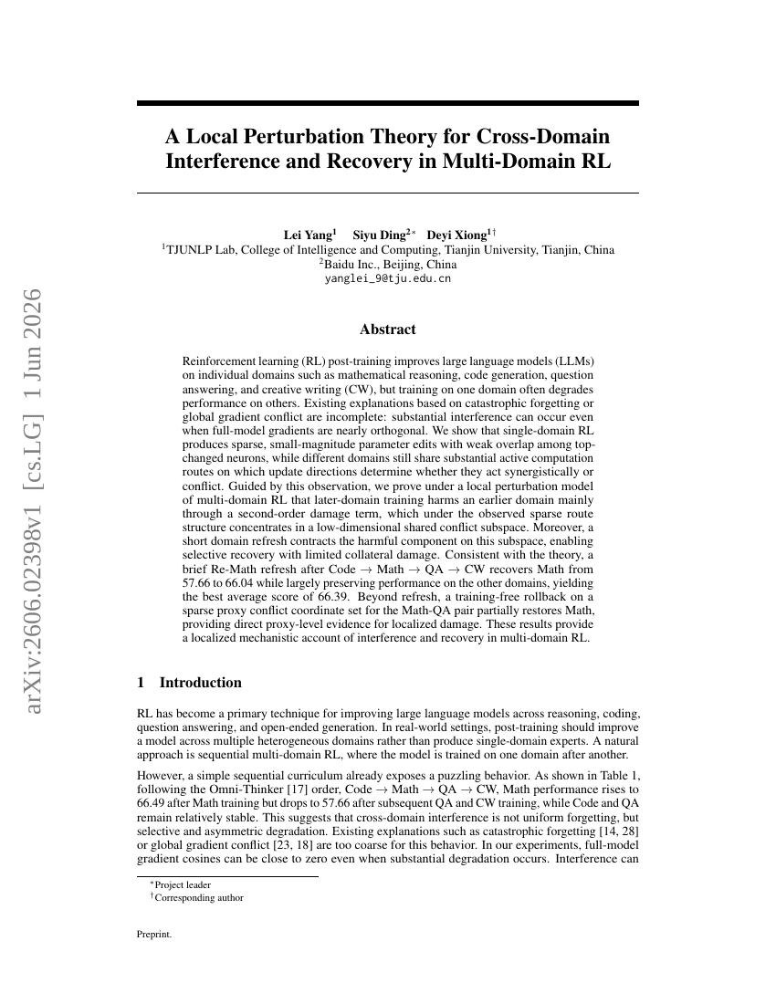 A Local Perturbation Theory for Cross-Domain Interference and Recovery in Multi-Domain RL