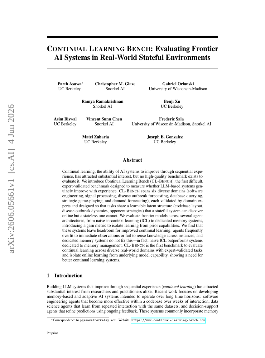 Continual Learning Bench: Evaluating Frontier AI Systems in Real-World Stateful Environments