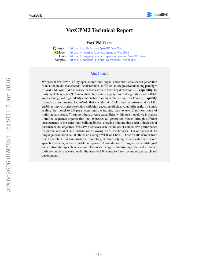 VoxCPM2 Technical Report