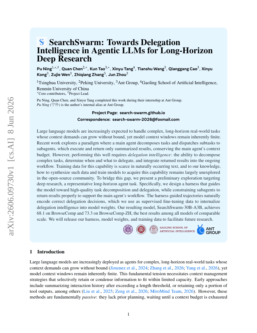 SearchSwarm: Towards Delegation Intelligence in Agentic LLMs for Long-Horizon Deep Research