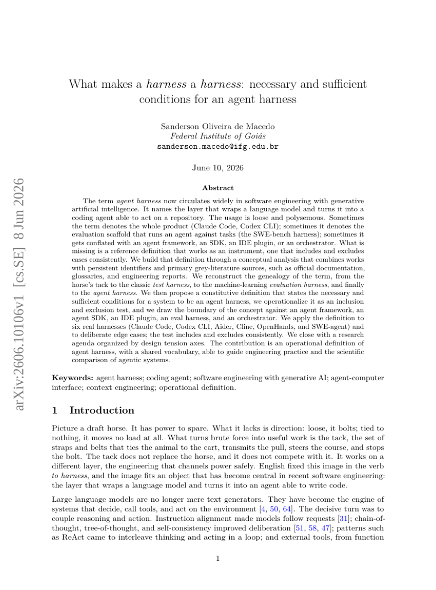 What makes a harness a harness: necessary and sufficient conditions for an agent harness
