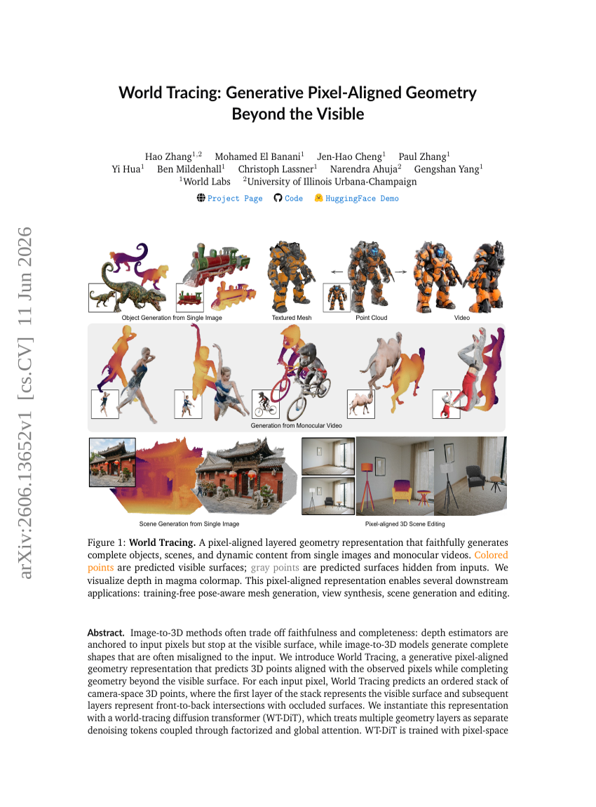 World Tracing: Generative Pixel-Aligned Geometry Beyond the Visible