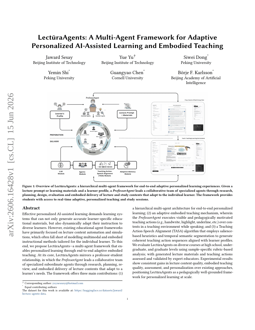 LectūraAgents: A Multi-Agent Framework for Adaptive Personalized AI-Assisted Learning and Embodied Teaching