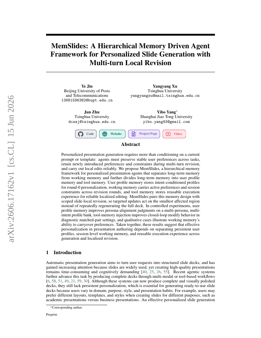 MemSlides: A Hierarchical Memory Driven Agent Framework for Personalized Slide Generation with Multi-turn Local Revision