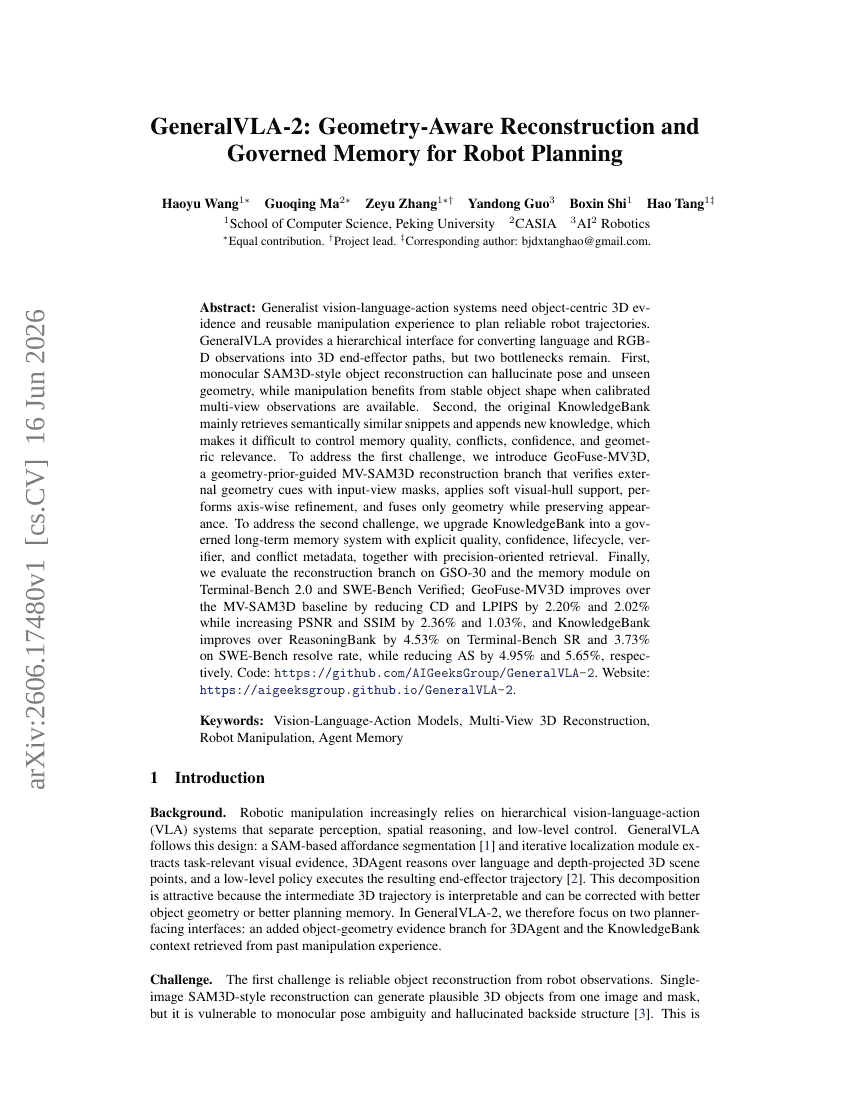 GeneralVLA-2: Geometry-Aware Reconstruction and Governed Memory for Robot Planning