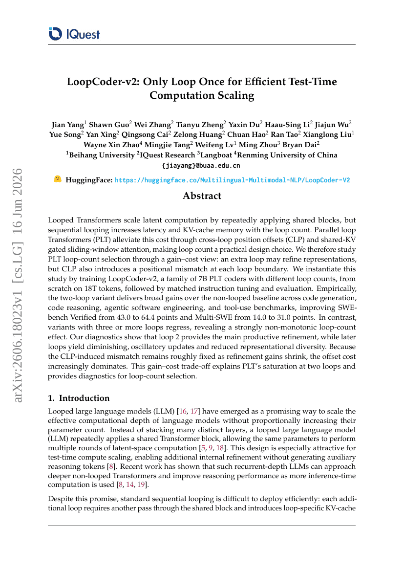 LoopCoder-v2: Only Loop Once for Efficient Test-Time Computation Scaling