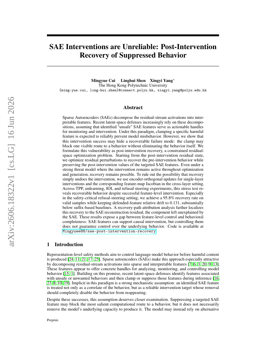 SAE Interventions are Unreliable: Post-Intervention Recovery of Suppressed Behavior