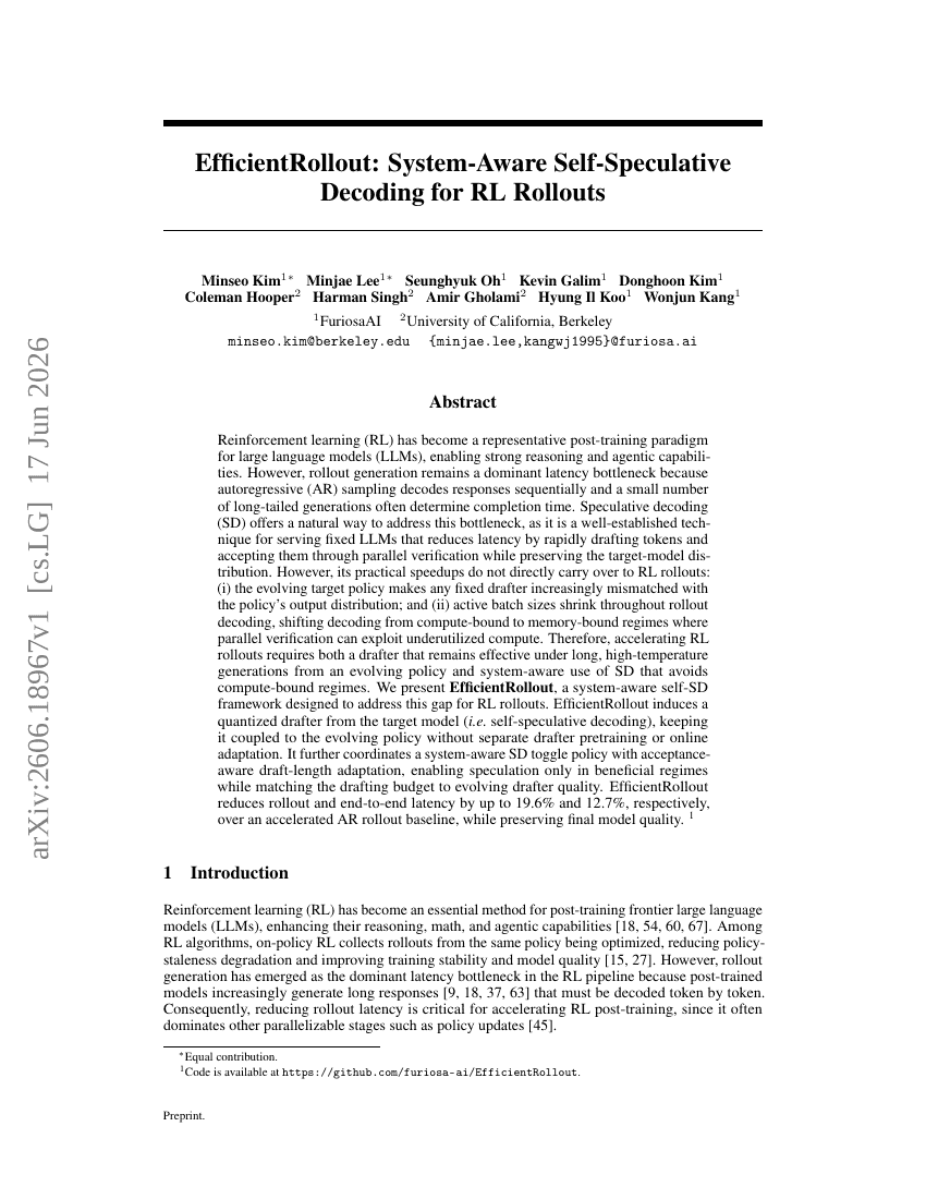 EfficientRollout: System-Aware Self-Speculative Decoding for RL Rollouts