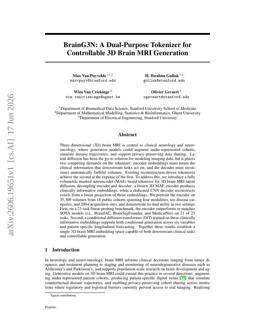 BrainG3N: A Dual-Purpose Tokenizer for Controllable 3D Brain MRI Generation