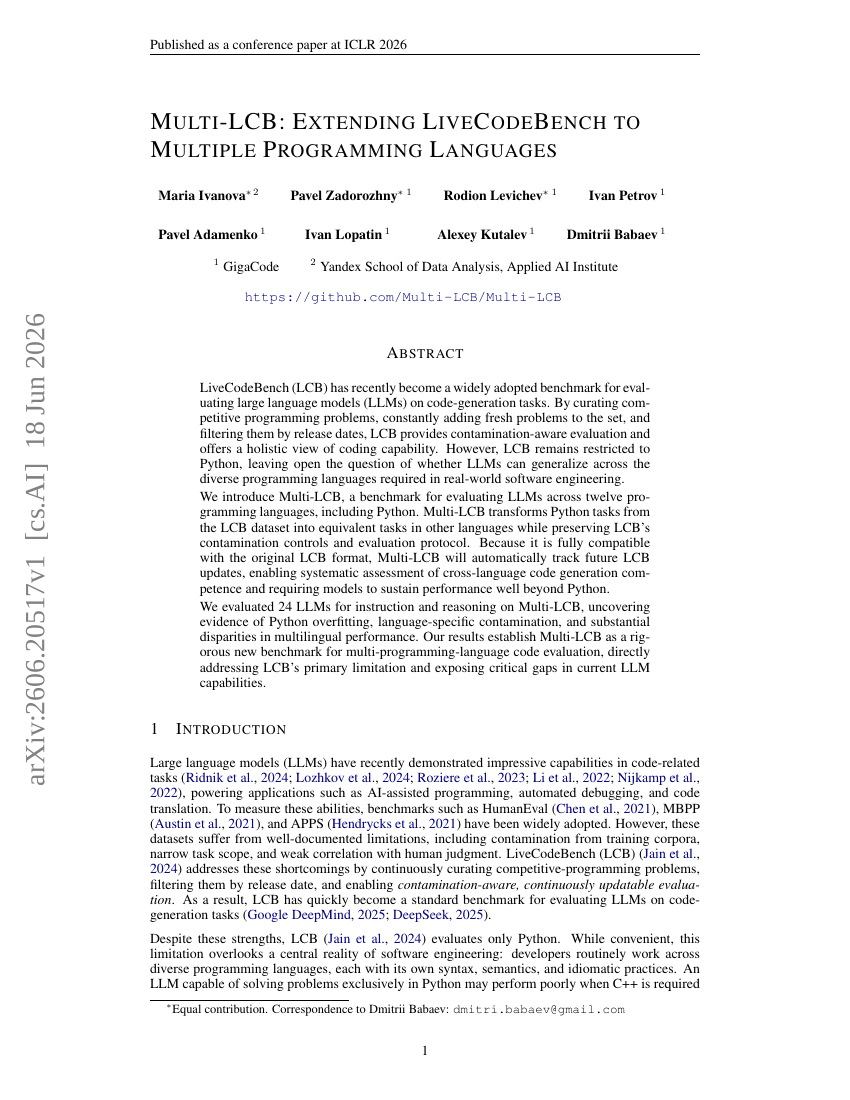 Multi-LCB: Extending LiveCodeBench to Multiple Programming Languages