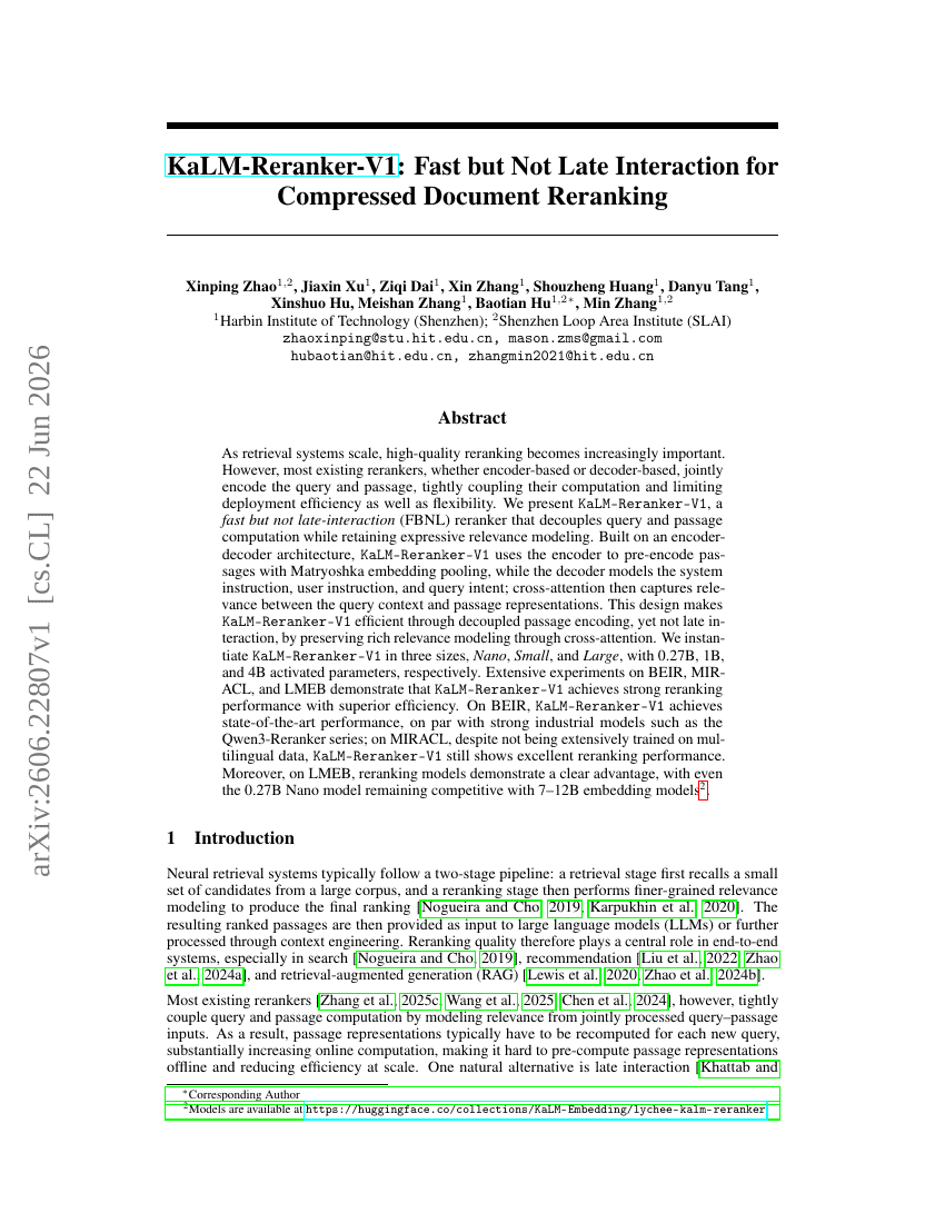 KaLM-Reranker-V1: Fast but Not Late Interaction for Compressed Document Reranking