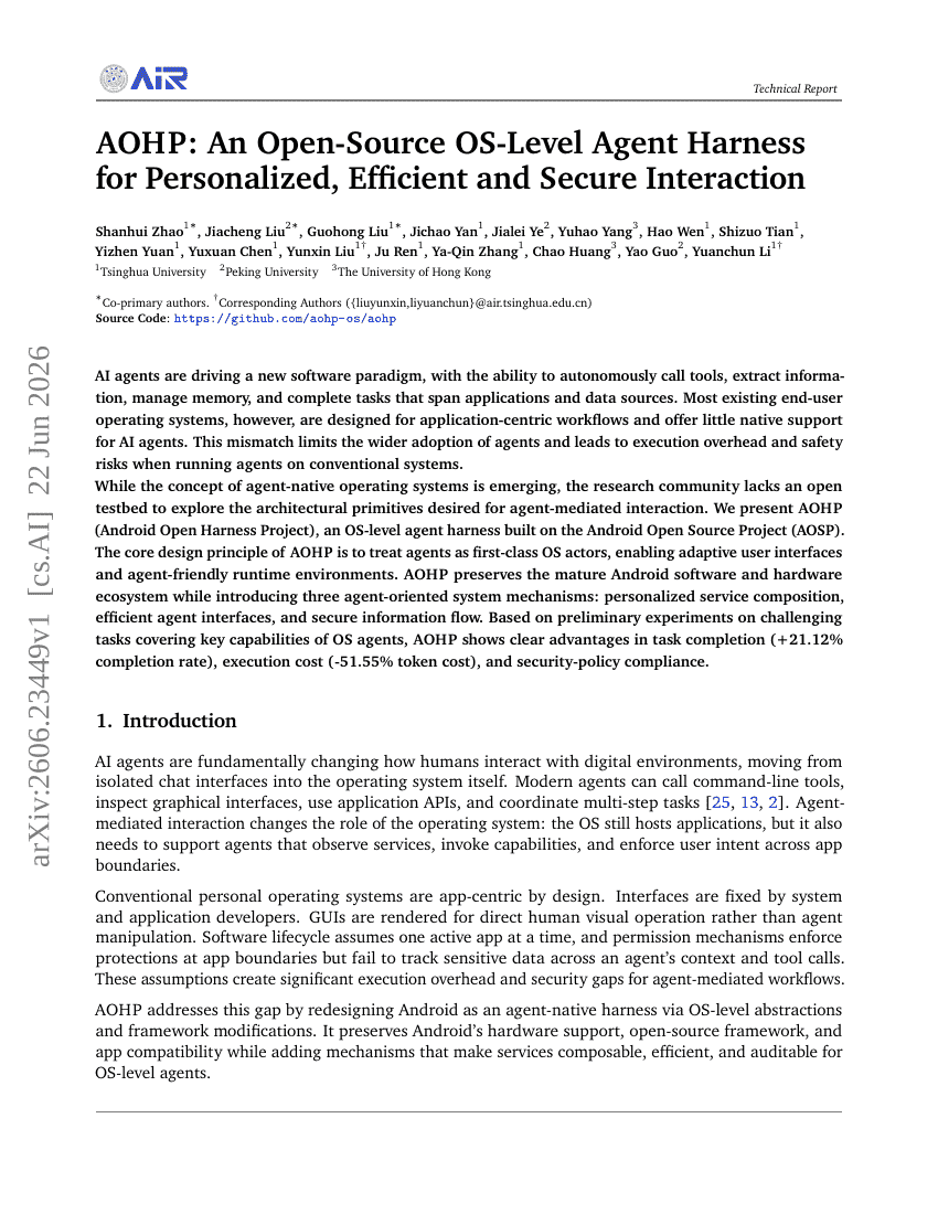 AOHP: An Open-Source OS-Level Agent Harness for Personalized, Efficient and Secure Interaction