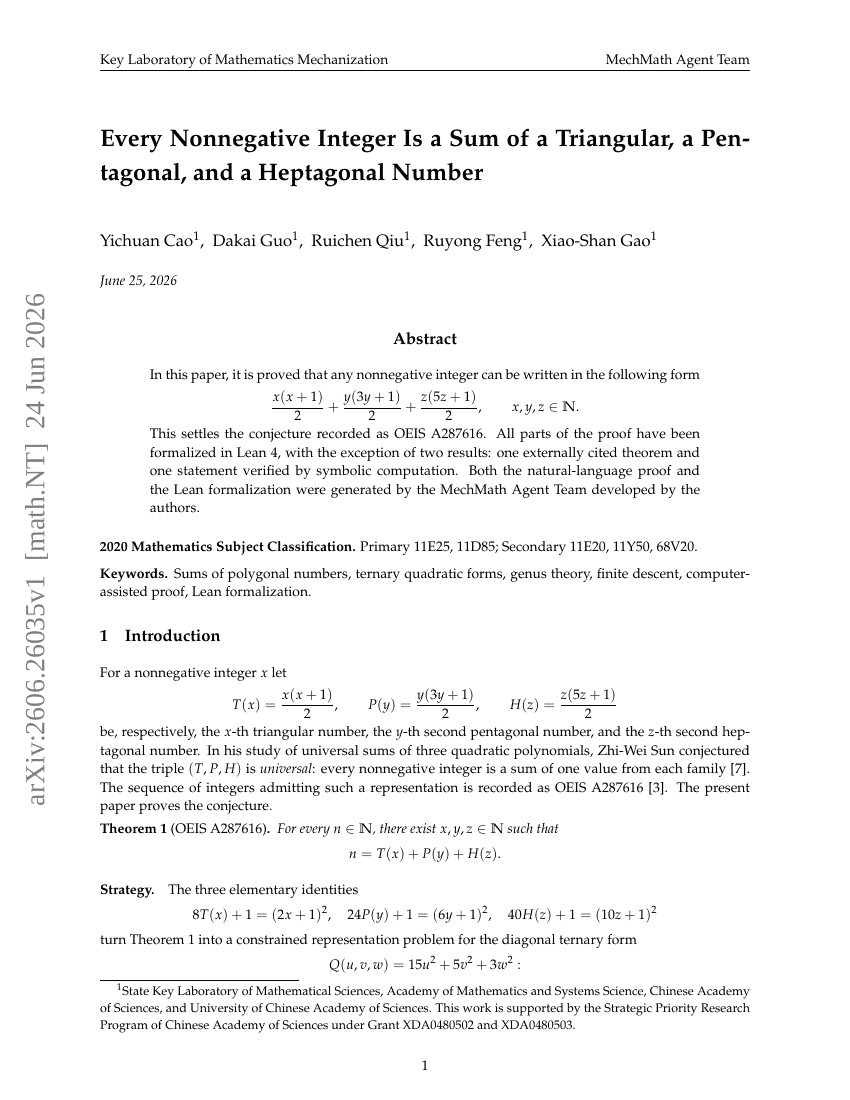 Every Nonnegative Integer Is a Sum of a Triangular, a Pentagonal, and a Heptagonal Number