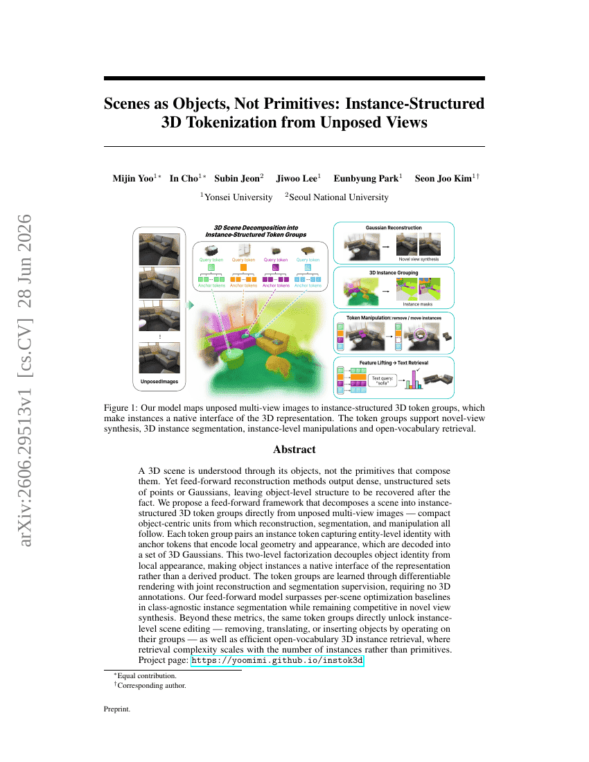 Scenes as Objects, Not Primitives: Instance-Structured 3D Tokenization from Unposed Views