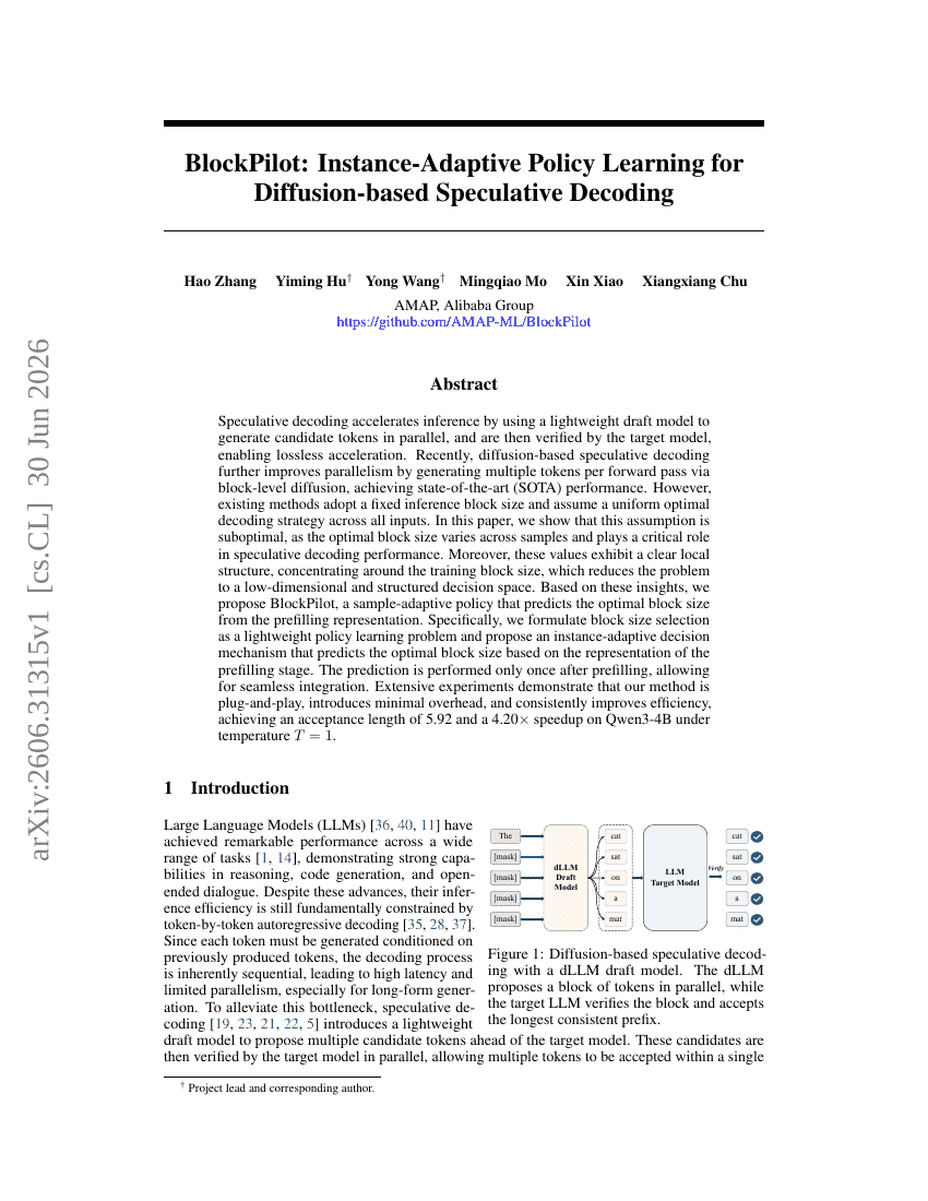 BlockPilot: Instance-Adaptive Policy Learning for Diffusion-based Speculative Decoding