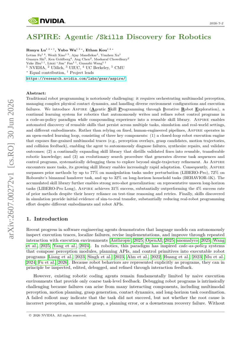 ASPIRE: Agentic /Skills Discovery for Robotics