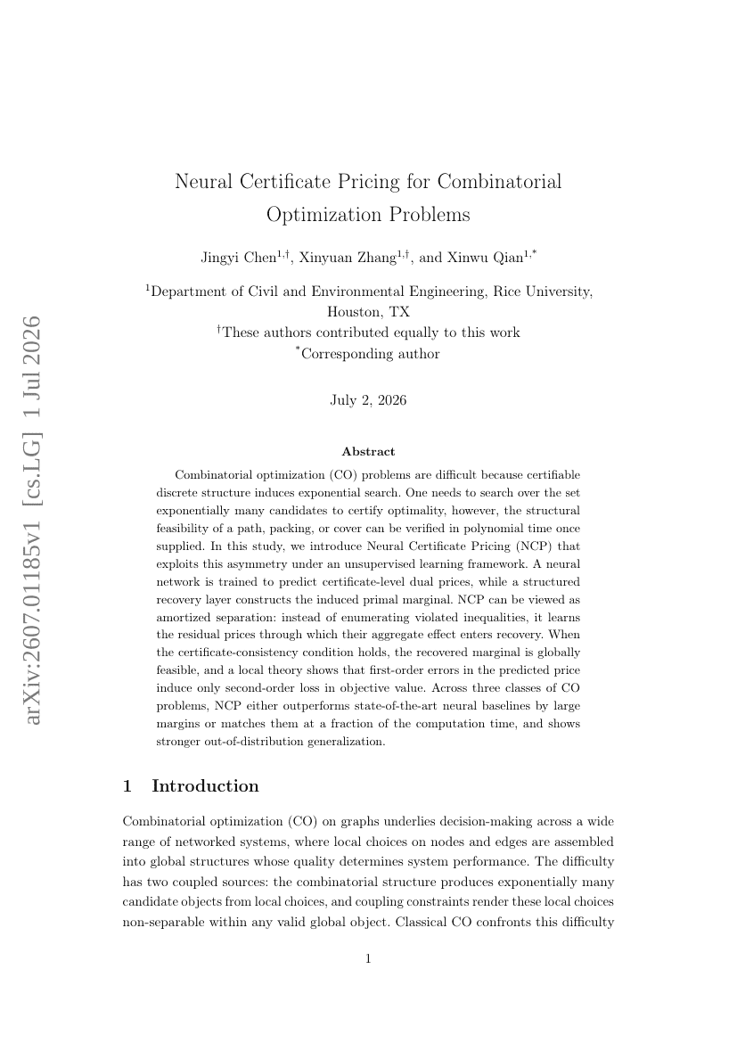 Neural Certificate Pricing for Combinatorial Optimization Problems