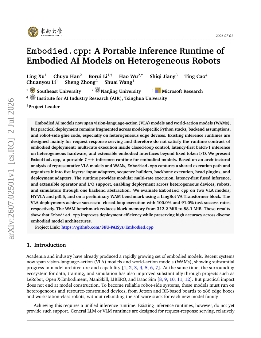Embodied.cpp: A Portable Inference Runtime of Embodied AI Models on Heterogeneous Robots