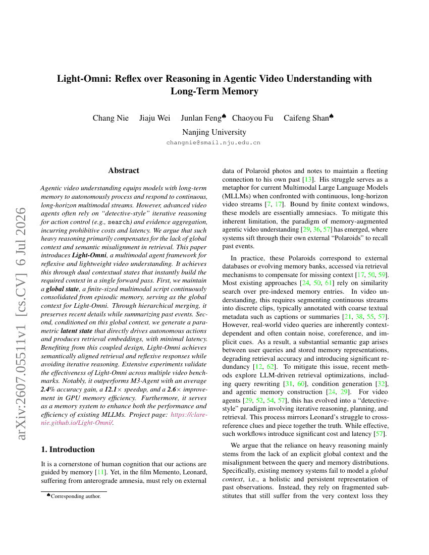 Light-Omni: Reflex over Reasoning in Agentic Video Understanding with Long-Term Memory
