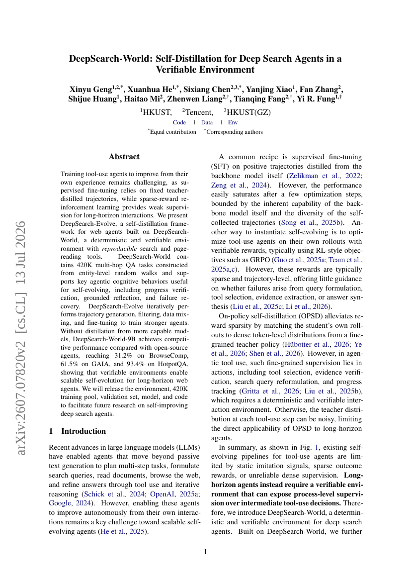DeepSearch-World: Self-Distillation for Deep Search Agents in a Verifiable Environment