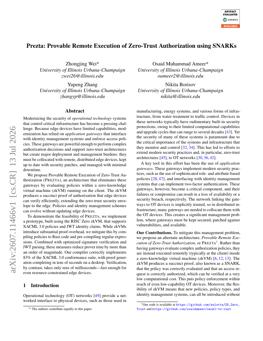 Prezta: Provable Remote Execution of Zero-Trust Authorization using SNARKs