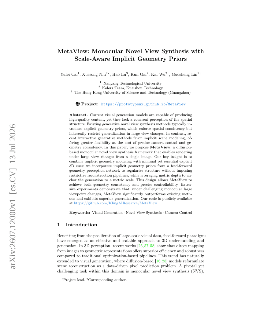 MetaView: Monocular Novel View Synthesis with Scale-Aware Implicit Geometry Priors