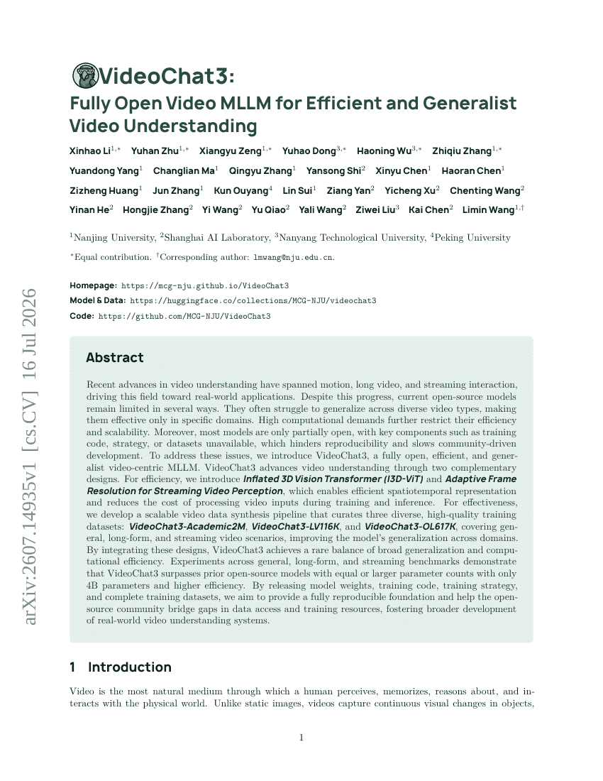 VideoChat3: Fully Open Video MLLM for Efficient and Generalist Video Understanding