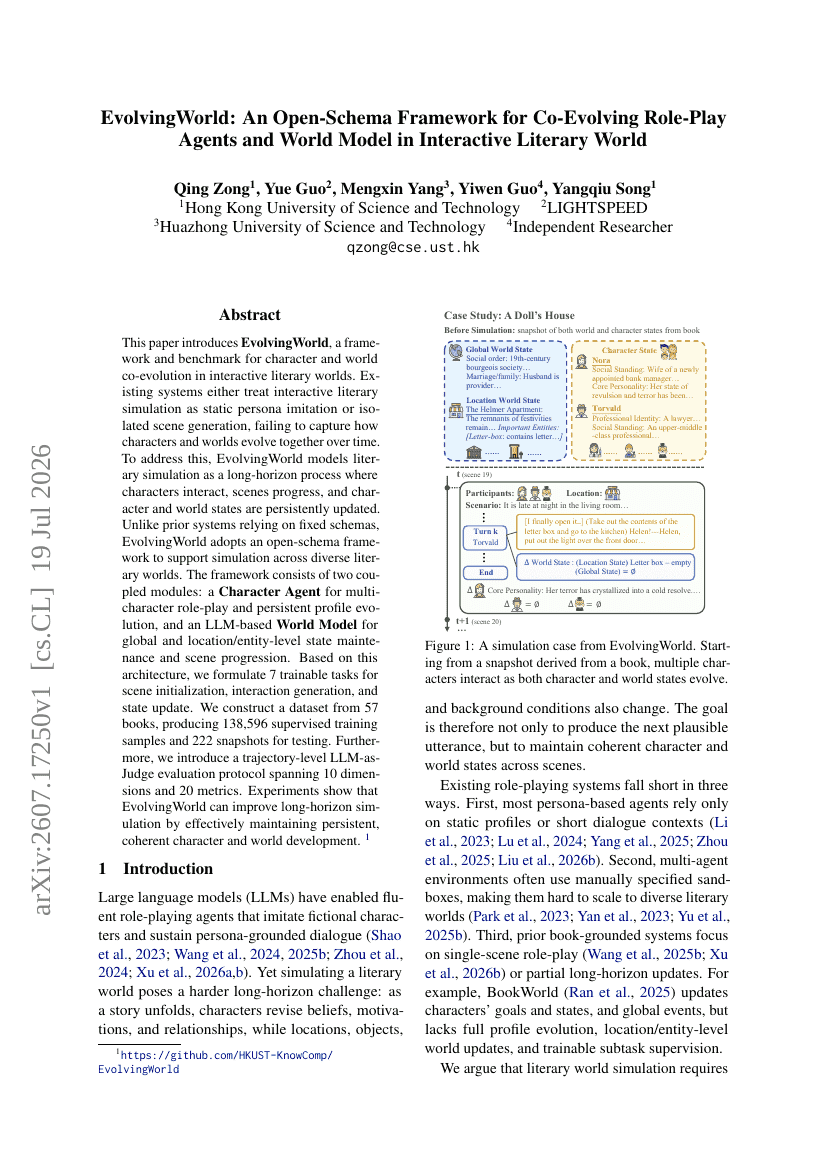 EvolvingWorld: An Open-Schema Framework for Co-Evolving Role-Play Agents and World Model in Interactive Literary World