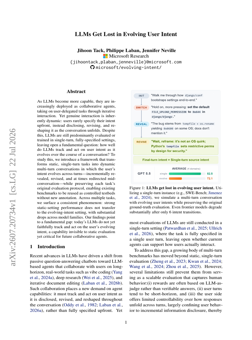 LLMs Get Lost in Evolving User Intent