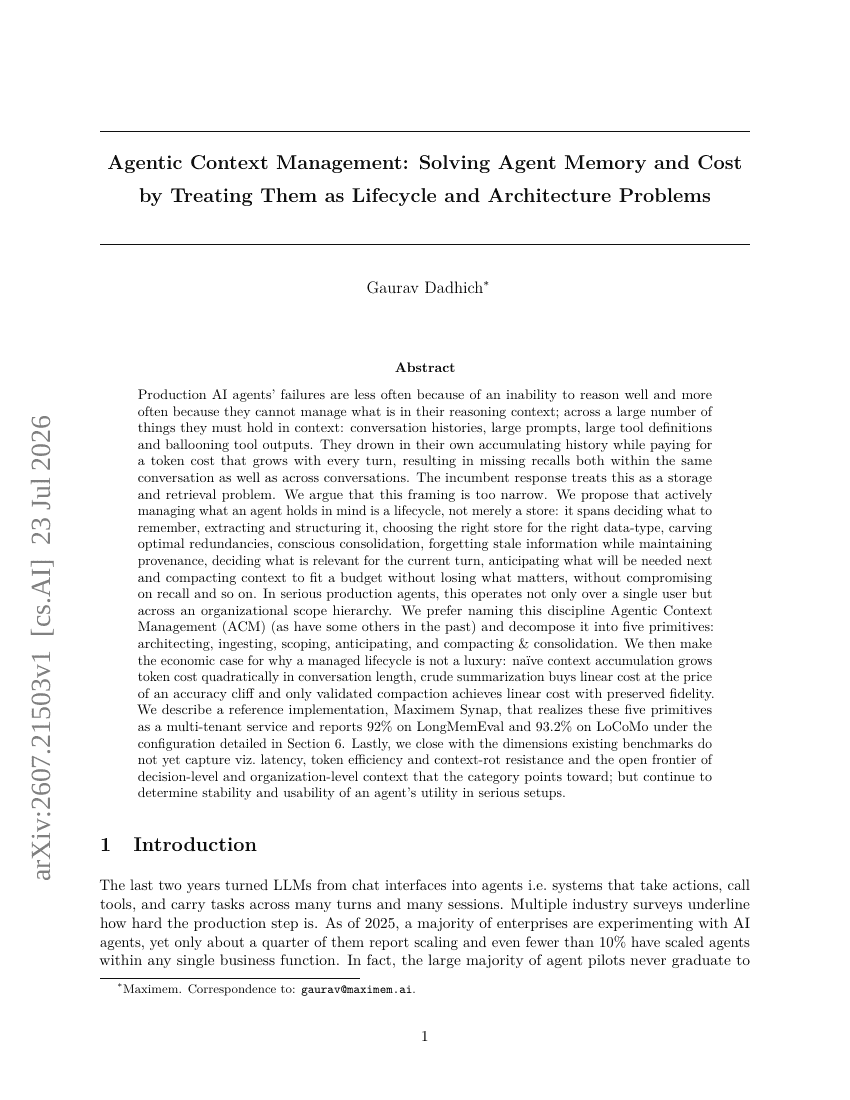 Agentic Context Management: Solving Agent Memory and Cost by Treating Them as Lifecycle and Architecture Problems