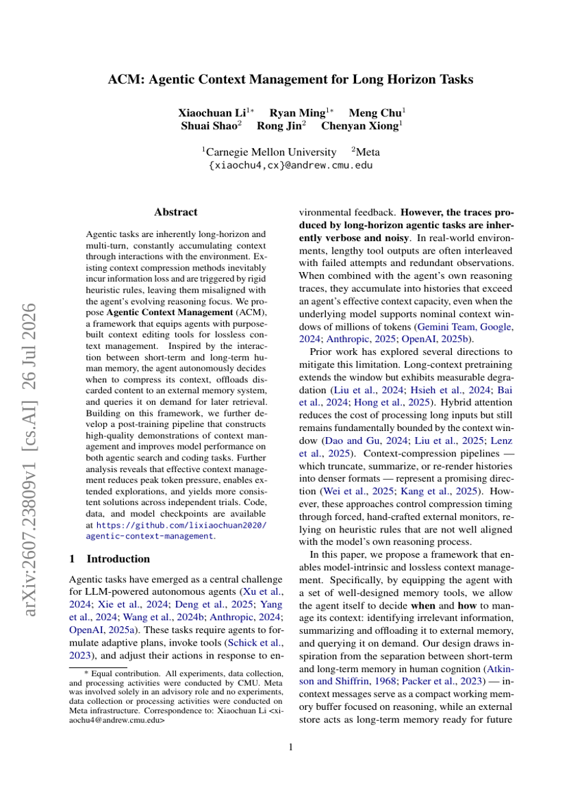 ACM: Agentic Context Management for Long Horizon Tasks