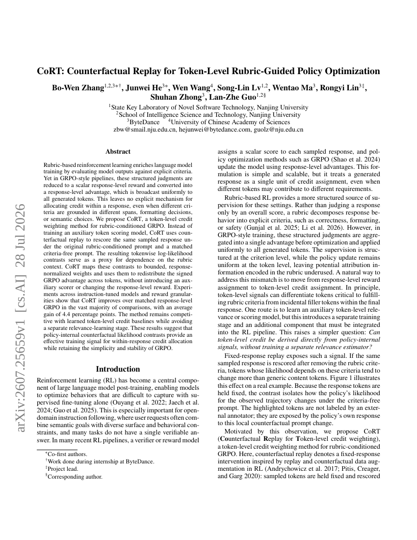 CoRT: Counterfactual Replay for Token-Level Rubric-Guided Policy Optimization
