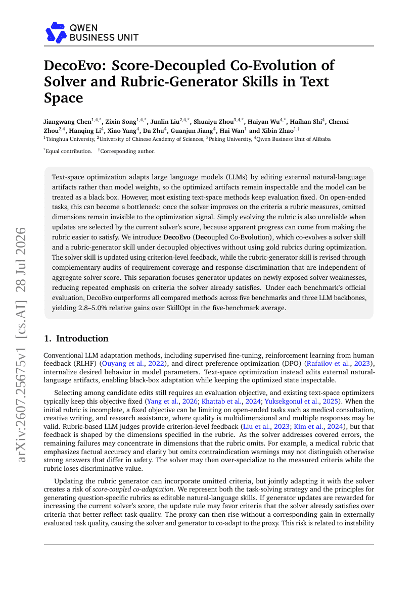 DecoEvo: Score-Decoupled Co-Evolution of Solver and Rubric-Generator Skills in Text Space
