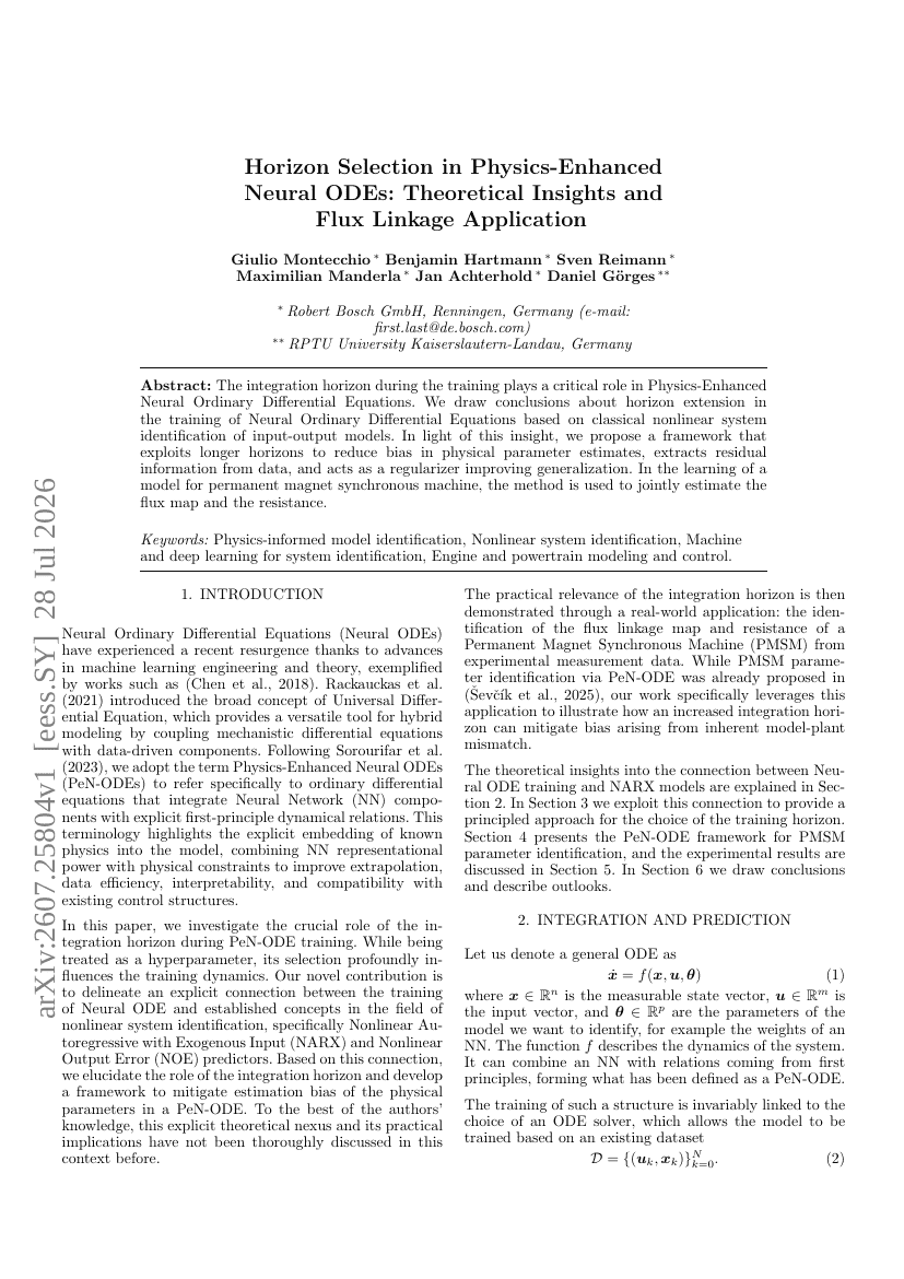 Horizon Selection in Physics-Enhanced Neural ODEs: Theoretical Insights and Flux Linkage Application